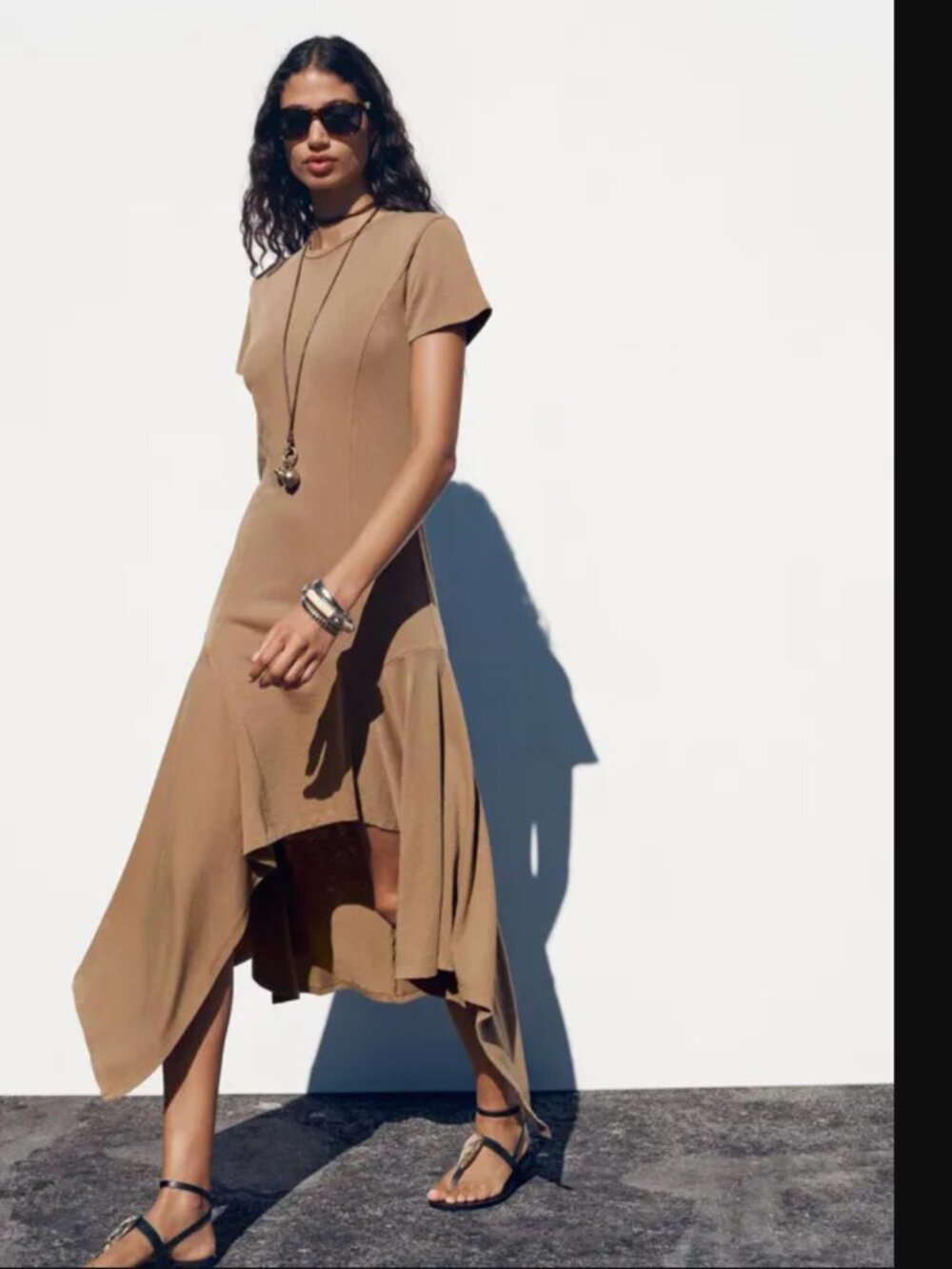 Zara ZW Collection Women Dark Tan Asymmetric Distressed Effect Dress Size S NWT